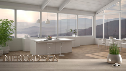 Wooden table, desk or shelf with potted grass plant, house keys and 3D letters making the words interior design, over blurred modern kitchen, project concept copy space background
