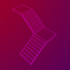 Wireframe stairs, interior staircases steps. Wireframe low poly mesh vector illustration.