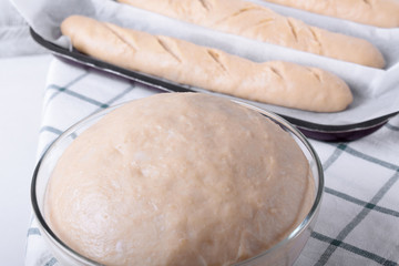 Yeast dough in a glass bowl and formed into raw baguettes ready to be baked in the background