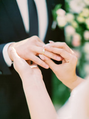 Obraz na płótnie Canvas May this ring seal our lifelong bond. Wedding rings hands