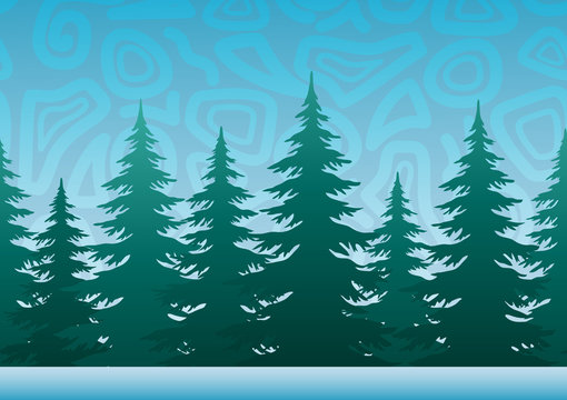 Seamless Horizontal Christmas Holiday Background, Winter Landscape, Fir Trees, Green Silhouettes against the Blue Sky with Abstract Pattern. Vector