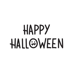 Vector illustration of creepy spider. Handwriting lettering happy halloween.