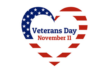 Veterans Day holiday background with heart shaped national flag of the United States of America. Annual celebrated every November 11. Template for banner, card, poster. EPS10 vector illustration.