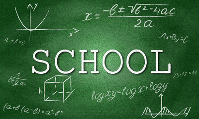 School vector with pixelated green background and formulas. Geometry drawings