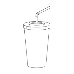 Plastic cup for lemonade on white background. Fast food drink symbol. Black and white vector illustration. Isolated on white. Object for packaging, advertisements, menu.