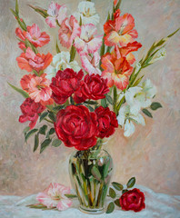 A bouquet of red roses and light gladioli is a picture painted with oil on canvas. Painting with bright flowers on a delicate pink background.