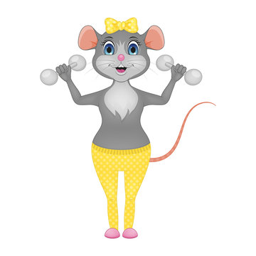 Mouse girl with dumbbells. Isolated on white. Cute character. White background. Vector Illustration.
