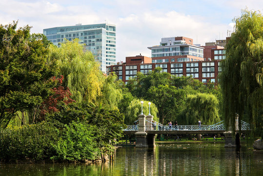 Modern buildings and park in Boston city
