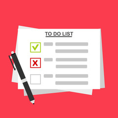 checklist on To Do List. Form illustration with man signing a paper work document. Vector Modern flat design concept for web banners, web sites, printed materials, infographics.