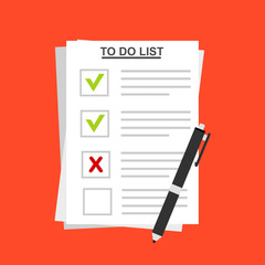 checklist on To Do List. Form illustration with man signing a paper work document. Vector Modern flat design concept for web banners, web sites, printed materials, infographics.