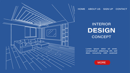 Interior design concept site template with blueprint sketch of a modern living room. Architectural Vector