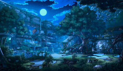Naklejka premium Fantasy Abandoned city - Night