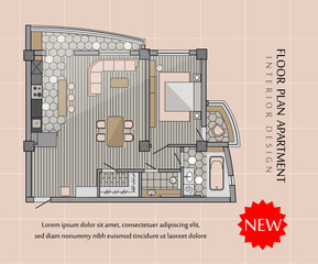 Floor plan of a modern apartment. Interior loft design with kitchen, bedroom, bathroom, living room and balcony. Vector © castecodesign