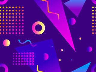 Memphis seamless pattern. Gradient shapes in the style of 80s. Futurism background. Retrowave. Promotional products, wrapping paper and printing. Vector illustration