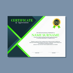 Certificate Template, modern and trendy design, with Green and gold combination color, make it appear more professional, elegant and luxury