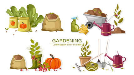 Set of autumn gardening tools. Watering can, pot with flower, hose, rake, shovel and scissors. Vegetable seeds, lettuce, spray and other. Vector