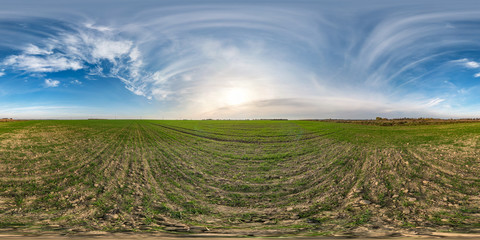 full seamless spherical hdri panorama 360 degrees angle view among fields in autumn sunny day with awesome clouds in equirectangular projection with zenith and nadir, ready for VR AR virtual reality