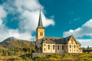 Fototapeta premium Vågan Church called Lofoten Cathedral in Norway