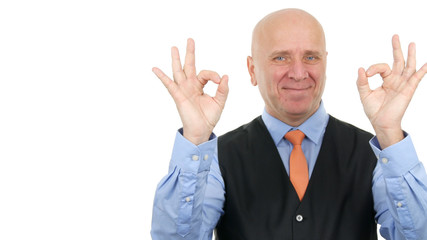 Businessman Inside Office Room Smile and Make Double Good Job OK Gestures