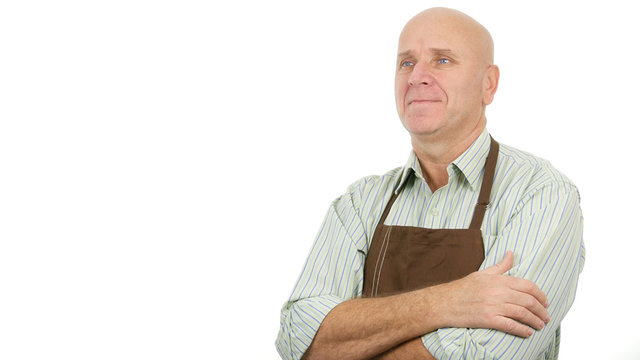 Happy Image Man Wearing Apron and Keeping Arms Crossed
