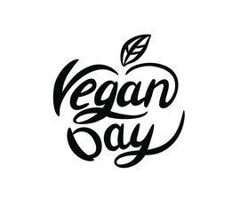 Vegan Day vector lettering sign with leaf.