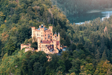 Scenic views of Hohenschwangau castle in the Bavarian Alps. A popular tourist attraction near Munich city