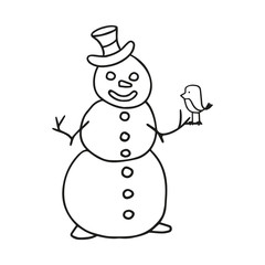 Cute hand drawn snowman in a top hat with a bird. In doodle style, black outline isolated on a white background. Winter element for banners, cards, coloring book, design, sticker. Vector illustration