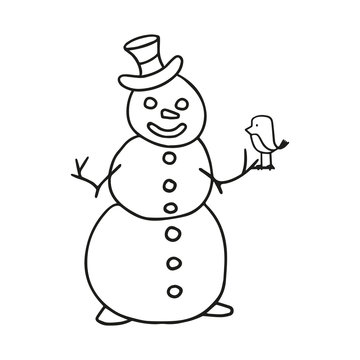 Cute hand drawn snowman in a top hat with a bird. In doodle style, black outline isolated on a white background. Winter element for banners, cards, coloring book, design, sticker. Vector illustration © Алла Успенская
