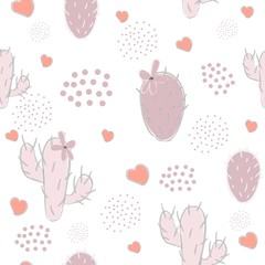 Cute seamless pattern with pink cacti and hearts on black background