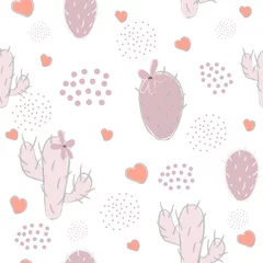 Poster Cute seamless pattern with pink cacti and hearts on black background © Kristina