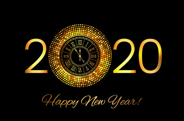 Greeting card or invitation happy new year 2020. Gold frame disco lights in the style of halftone.