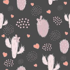 Cute pink cacti and hearts on black