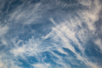 Blue sky background with tiny stratus cirrus striped clouds. Clearing day and Good windy weather