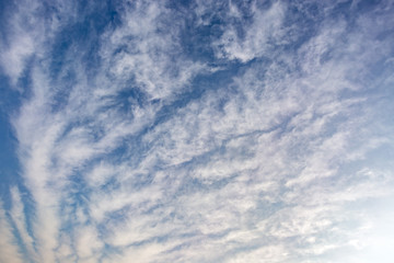 Blue sky background with tiny stratus cirrus striped clouds. Clearing day and Good windy weather