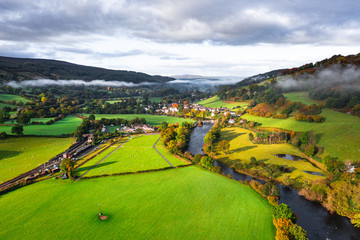 Aerial view over Scenic Village in Wales