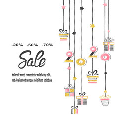 Naklejka premium Christmas and New Year banner with hanging gifts and 2020 numbers. Winter sale.