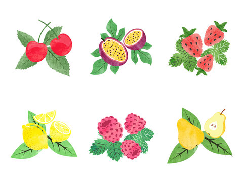 Watercolor fruit set. Vector illustration of cherry, pear, strawberry, raspberry and lemon with leaves.