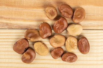 Lot of whole fresh brown bean vicia faba flatlay on natural wood