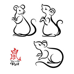 Set of three mouse, rat and elements for Chinese New Year 2020. Element for design. Chinese hieroglyphs with translations. Vector illustration..