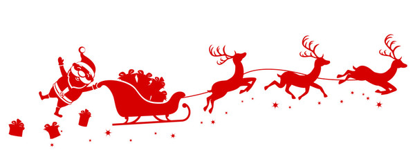 Silhouette of Santa holding one hand on a sleigh with reindeer and waving on a white. Christmas, new year
