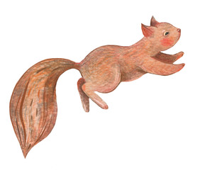 Winter watercolor clip art and illustration of cute woodland animal on the white isolated background. Childish cute style. Holiday winter decor.