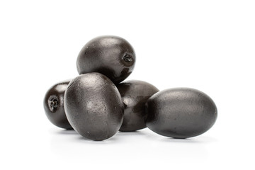 Group of five whole canned black olive isolated on white background