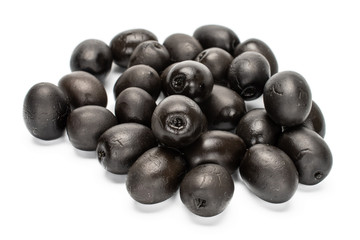 Lot of whole tasty canned black olive isolated on white background