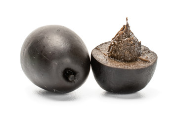Group of one whole one half of canned black olive isolated on white background