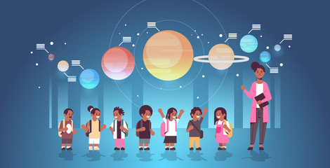 female teacher with african american schoolchildren in observatory solar system exploration school trip excursion to planetarium astronomy lesson concept flat full length horizontal vector © mast3r