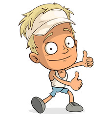 Cartoon blonde funny smiling boy character in cap. Layered EPS ready for animations. Isolated on white background. Vector icon.