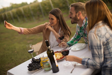 Group of young people sitting by the table and drinking red wine in the vineyard