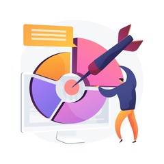 Targeted marketing report, business presentation. Business man flat character explaining statistics. Online social questionnaire, poll, results analyzing. Vector isolated concept metaphor illustration