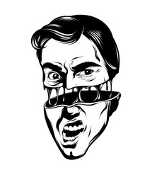 Vector hand drawn illustration of screaming man with open mouth  . Surreal tattoo artwork. Template for card, poster, banner, print for t-shirt, pin, badge, patch.