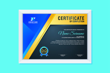 Certificate Template, modern and trendy design, with Blue, gold and black combination color, make it appear more professional, elegant and luxury